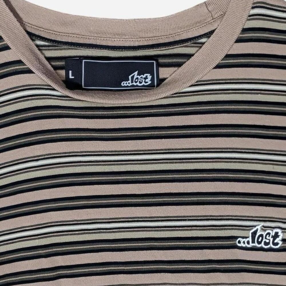 Lost Brown Striped Y2K 90s T-shirt, Size Large, Lightweight 100% Cotton